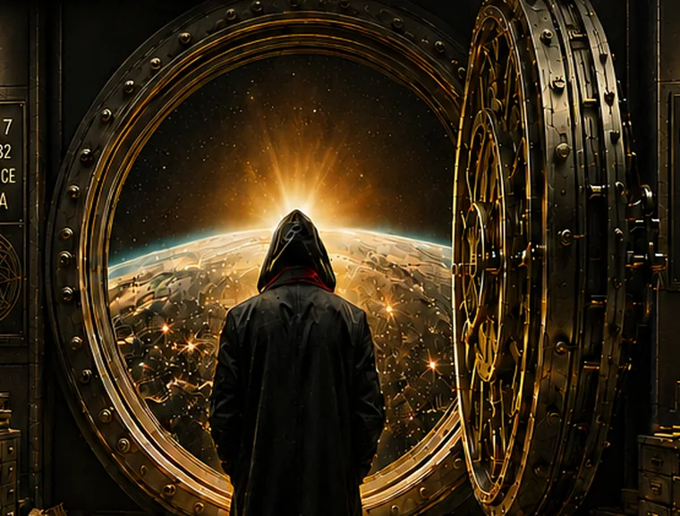 A figure standing before an open vault, from the cover art of The Golden Wealth Protocol